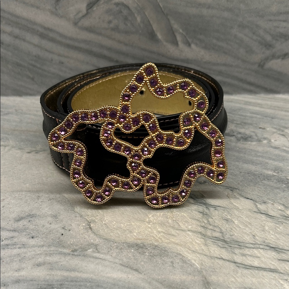 Tous Women's Brown Leather Belt with Gold & Purple jeweled Buckle